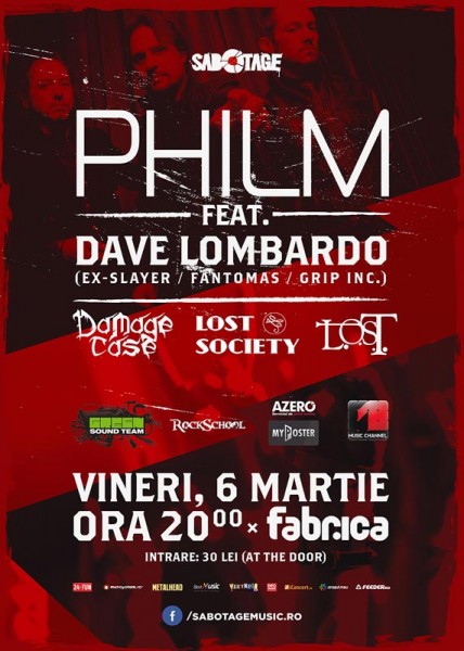 Poster eveniment PHILM Feat. DAVE LOMBARDO | Damage Case | Lost Society | L.O.S.T