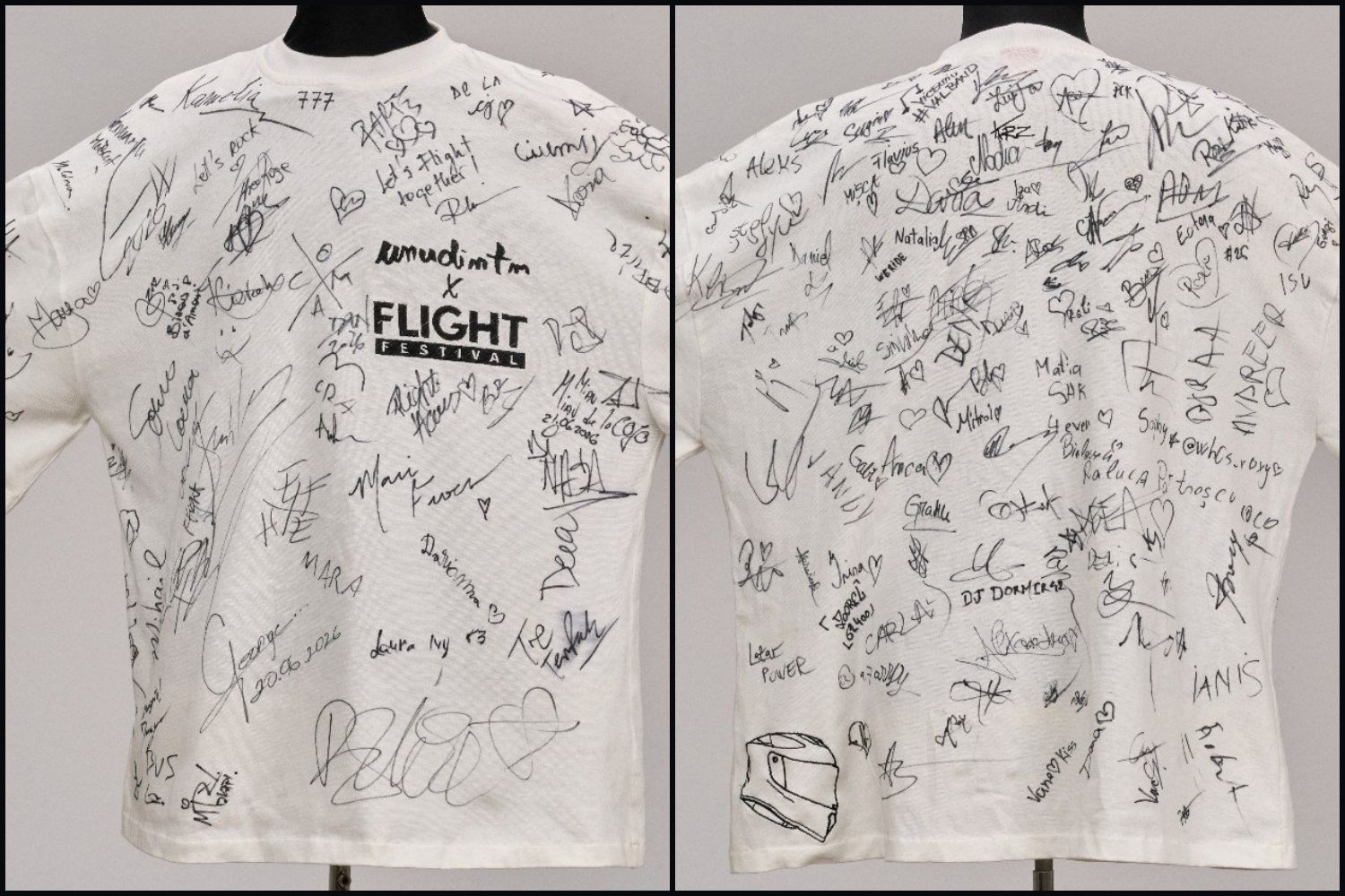 Tricoul semnat de artiști la Flight Festival 2026 (față/verso)